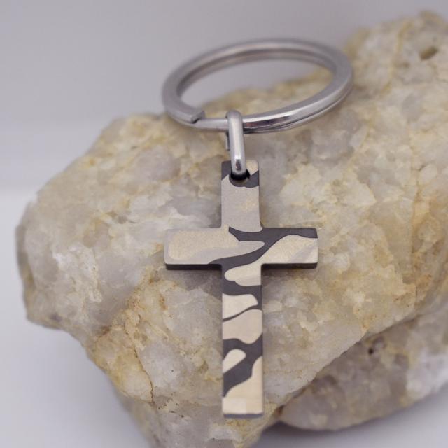 Camo Camouflage Decorative Black Gold Silver Tone Cross Keychain
